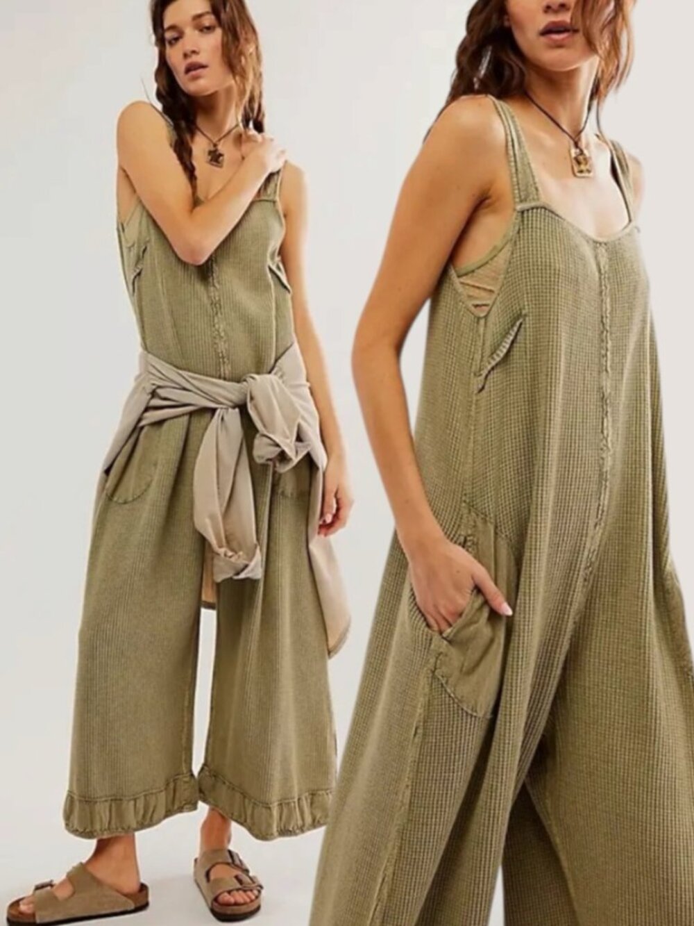Free People FP One Callie One-Piece Jumpsuit Waffle Thermal  Olive Green Size S